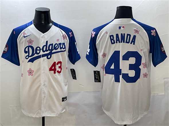 Mens Los Angeles Dodgers #43 Anthony Banda White Royal 2025 Tokyo Series Limited Stitched Baseball Jersey